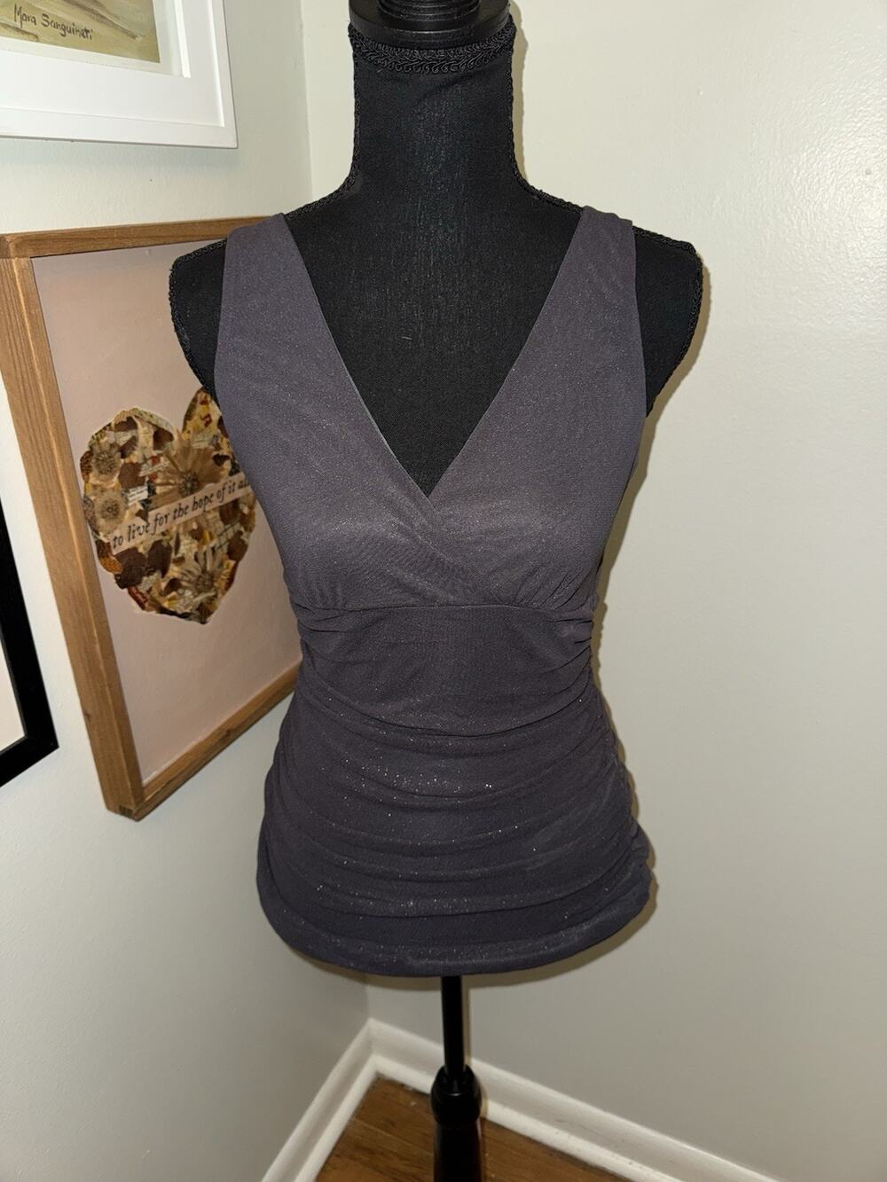 Express Top Medium M Gray Shimmer Glitter Ruched Side Surplice V-Neck Sleeveless
